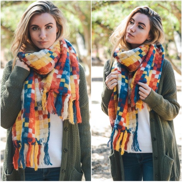 Bellanblue Accessories - mustard blue knit tassel fall comfy scarf
